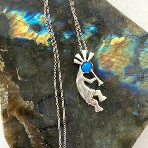 Sterling Silver 925 Southwest Kokopelli Faux Turquoise Pendant Necklace 18"